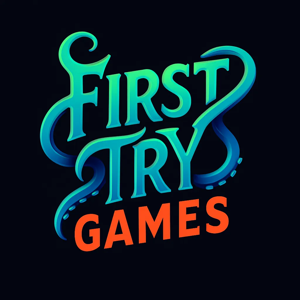 Playful wordmark logo for 'First Try Games' featuring ‘F’ and ‘T’ creatively shaped like connected octopus tentacles. Uses a vibrant green/blue gradient with rounded suction details.